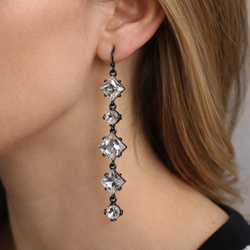 Rhinestone Dangle Earrings Womens Gunmetal Clear Geometric Statement Drop